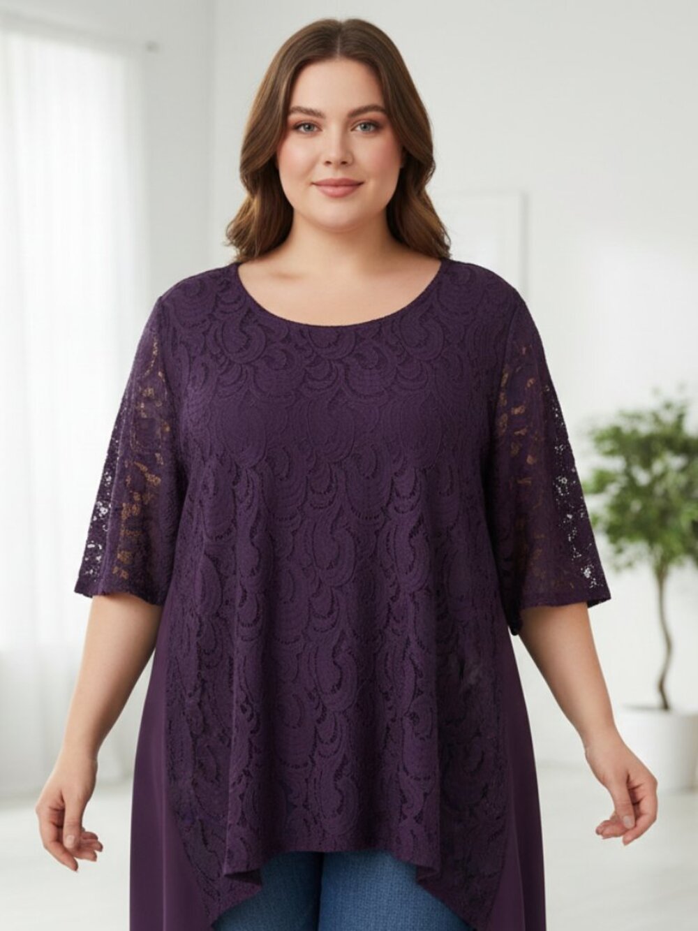 Catherines‎ 4X Women's Top Purple Lace SS Maggie Barnes Boho Cottage Chic Office